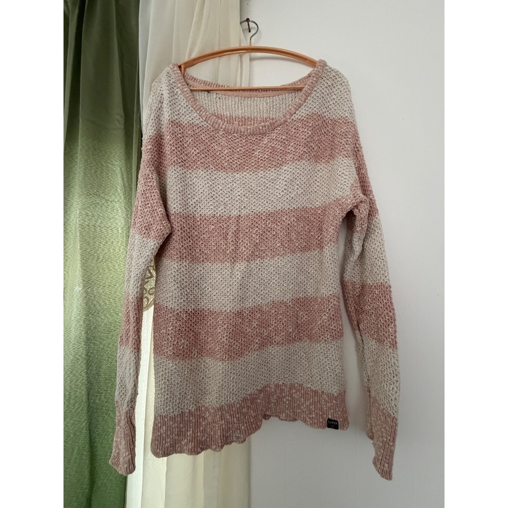 Superdry Striped Sweater Womens Medium Pink Chunky Knit Pullover Slouchy Relaxed